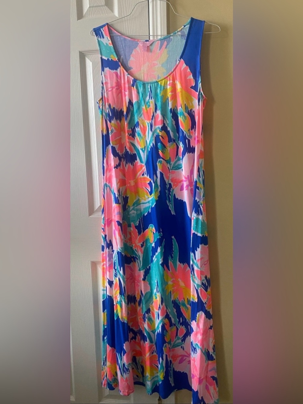 Lilly Pulitzer Blue Maxi Dress with Pink, Yellow & Teal Floral Print XL